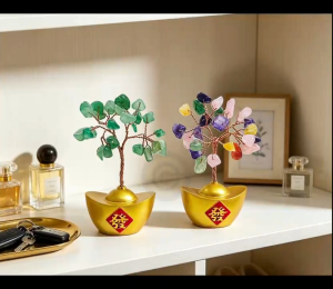 Feng Shui Crystal Money Tree with Golden Ingot Base Natural Green Aventurine & Chakra 7 Color Crystal Tree Lucky Wealth Ornament for Home Office Table Decor Gift for Business Opening