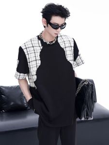 Loose Shoulder Pad Short Sleeve T-Shirt Men Summer Casual Versatile Splice Half Sleeve Trendy Polyester Fiber round Neck Tee