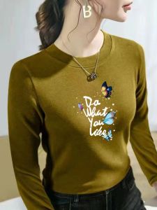 round-Neck with Fleece Lining Long Sleeves T-Shirt Womens Tops New Arrival Autumn and Winter Wild Mom Clothes Dralon Thickened Thermal Bottoming Shirt