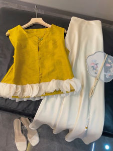 New Chinese Style Light National Style Sleeveless Waistcoat Vest Acetate Satin Skirt Classic Style Youthful Two-Piece Suit Womens Summer