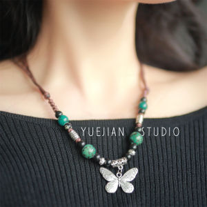 สร้อยคอผูกโบว์ลายผีเสื้อสไตล์ชาติพันธุ์ใหม่สำหรับผู้หญิง เครื่องประดับแฟชั่น โซ่ไนลอน หิน โลหะผสม ไม่มีเพชร ขนาด 21-50 ซม.