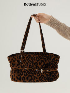 Dotlyn Retro Fashion Leopard Print Tote Bag Large Capacity Single Shoulder Armpit Bag Belt Buckle Design High-End Feel