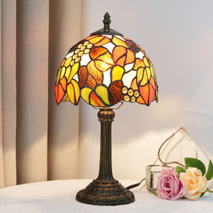 Stained Glass Table Lamp Antique Maple Leaf Grape Style Reading Light for Bedroom Living Room and Office Decor Lampara