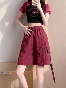 Quần Short Công Sở Cạp Cao Mùa Hè Mỏng Rộng Rãi Nhanh Khô Thể Thao Quần Năm Mảnh Phong Cách Mỹ Màu Đỏ Cho Nữ