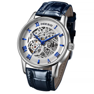 Deesio Mens Fashion Mechanical Watch Automatic Self-Wind Stainless Steel Skeleton Dial Leather Watch Strap Business Casual Gift