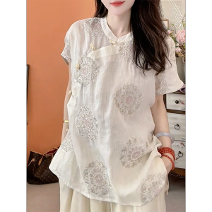 QINGNAER | Elegant Simple Style Floral Print Short Sleeve Shirt Blouse