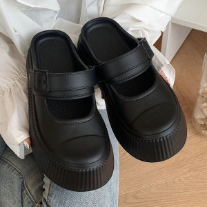 รองเท้าแตะ Mary Janes สำหรับผู้หญิง ทรงเรขาคณิต รองเท้าแตะแบบสวม ส้นเตี้ย สวมใส่สบาย ป้องกันการลื่น สองทาง รองเท้าแตะสีลาเต้