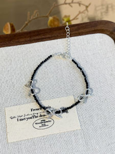 Elegant Black Beaded Bracelet Sweet Fashion Accessory for Women Fresh out Butterfly Knot Hand Chain Stylish Jewelry Gift