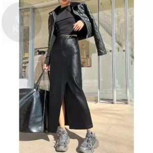 Rok Kulit Panjang Rok Span Kulit Rok Maksi Kulit Sintetis KFH Straight Elegan Split Belahan Depan Tinggi High Waist Maxi Skirt Bahan Kulit Sintetis