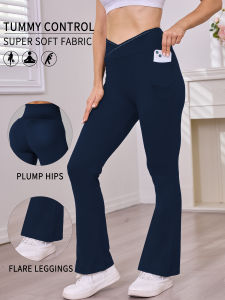 Womens Super Soft Crossover High Waisted Flare Legging With Pockets Tummy Control Yoga Bootleg Bell Bottoms