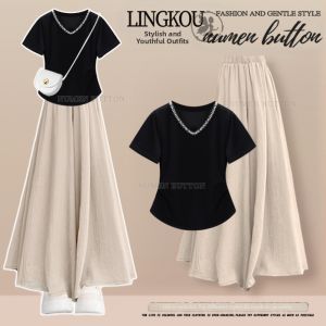 NUMEN BUTTON | Summer High-end Rhinestone Shoulder T-Shirt High-waist Casual Pants Set
