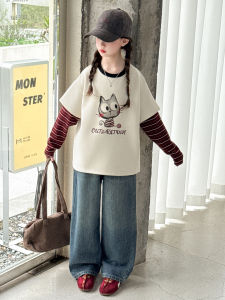 MPW | Girls Cat Stripe Denim Two-Piece Set Spring Autumn Casual Style Children Fashionable Clothing Kids Medium To Large Size