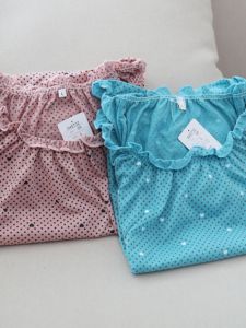 ชุดนอนผู้หญิงแขนสั้นลายจุดบางๆ ระบายอากาศได้ดี ชุดนอนผ้าฝ้ายถักสไตล์ญี่ปุ่นฤดูร้อน ชุดนอนผู้หญิง ชุดนอนผ้าฝ้ายผสม