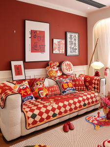 New Year Red Sofa Cushion All Seasons Anti-Slip Festive Atmosphere Sofa Cover National Trend Style Sofa Pad Envelope