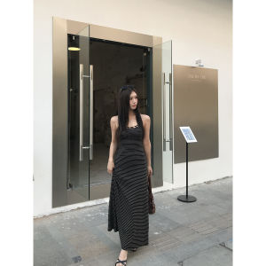Summer French Style Neck-Hanging Striped Black Dress