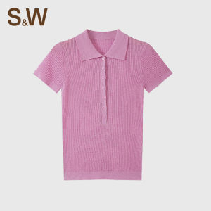 S&W | Knitted Short Sleeve POLO Neck Desirable Top Button Elegant Unique Blouse