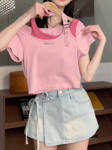Scattered Large Size Womens Short Sleeve T-Shirt American Style Asymmetric Work Clothing K-Style Fake Two-Piece Summer Apparel