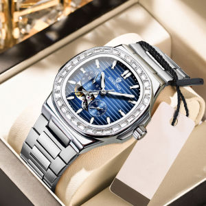 New square BINBOND automatic watch for men waterproof luxury stainless steel hollow mechanical watch