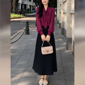 Pink Chiffon Shirt Set Womens New Autumn High-End Belted Top Pleated Mini Skirt Two-Piece Set Korean Style Straight Cut