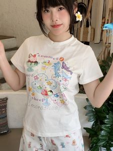 Áo Thun Cotton Tay Ngắn in Hình Chú Chó Voi Hoạt Hình Phong Cách Mỹ Cổ Tròn Mùa Hè Cho Nữ Áo Thun Dáng Ôm Vừa Vặn Thoải Mái Đa Năng