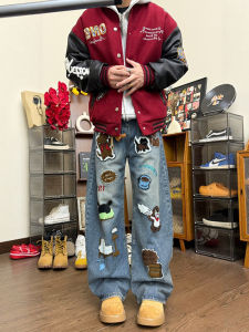 JIARONG | American Cartoon Embroidery Thick Winter Jeans Loose Fit