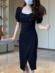 Elegant Fashion Slim Fit French Style Square Collar Bubble Sleeve Dress Womens Mid-Length A-Line Skirt High Waist Commute
