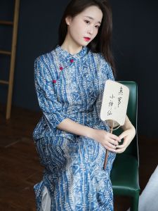Váy Dài Cotton Lanh Cổ Đứng in Họa Tiết Phong Cách Dân Tộc Mùa Hè 2021 Cho Nữ Váy Dài Vừa Phải Phong Cách Nghệ Thuật Cổ Điển