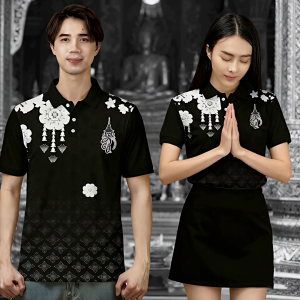 เสื้อโปโลสีดำ ยดอกไม้สีดำสำหรับสุภาพบุรุษและสุภาพสตรี สมเด็จพระราชินีนาถ ผลิตจากผ้าเนื้อนุ่ม สวมใส่สบาย เหมาะสำหรับใส่ไปทำงานและงานพิธีต่างๆ