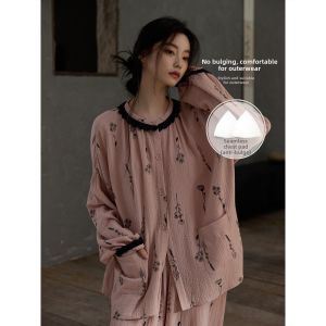 Breathable Cotton Sleeping Wear Set with Padded Bra Long Sleeve for Women