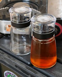 Spill Proof Glass Sauce Bottles Pair for outdoor cooking camping expedition. (200ml each)