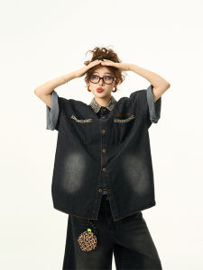 Áo Thun Tay Ngắn Họa Tiết Da Báo Phong Cách Mỹ Dành Cho Nữ Áo Sơ Mi Denim Cổ Điển Áo Khoác Ngoài Thời Trang Thường Ngày