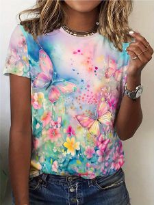 Womens Tee - Pink Butterfly & Floral Watercolor Graphic Soft Dreamy Garden Design for Casual Daily Wear