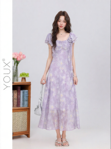 YOUXIANG | Đầm Tím Pháp Có Gợn Sóng Dây Đai Ép Eo Tay Ngắn