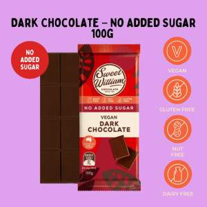 Sweet William No Added Sugar Dark Chocolate |  สวีท วิลเลี่ยม โนแอด ชูการ์ ดาร์คช็อคโกแล็ตวีแกน ปราศจากนม กลูเตน และถั่ว 100g