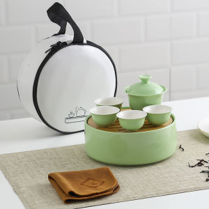 Portable Outdoor Ceramic Tea Set Travel Kit with Tea Tray Home Use Small Gongfu Tea Utensils Brewing Kettle Cup Set Macaron Style Japanese Style Bone China