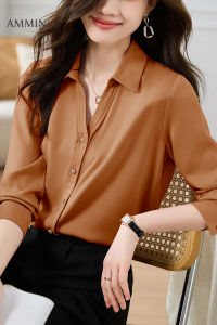 AMMIN Korean style long sleeve fashion design sense simple and versatile pure color silk shirt For women
