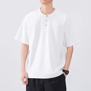 American Style Loose Fit Short Sleeve T-Shirt Pure Cotton Lycra Cotton Retro Polo Collar Mens Summer White Henry Shirt