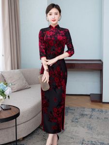 Slimming Mommy Long Sleeve Cheongsam Vintage Style Daily Wear Spring Autumn New Arrival Floral Pattern High Slit Polyester Fiber
