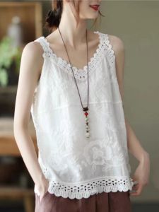 เสื้อกั๊กคอฮอลเตอร์ผ้าลินินคอตตอนปักลายสไตล์ใหม่ฤดูร้อนสำหรับผู้หญิง เสื้อชั้นในหลวมๆ ทรงหลวมๆ ทรงหลวมๆ สำหรับใส่ลำลอง