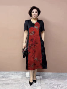 ชุดเดรสผ้าไหมแท้ชุดคุณแม่วัยกลางคนชุดเดรสลายดอกพรางหน้าท้องไซส์ใหญ่ทรงหลวมแบบปะต่อสีตัดกันแนววินเทจสง่างามสำหรับผู้หญิง