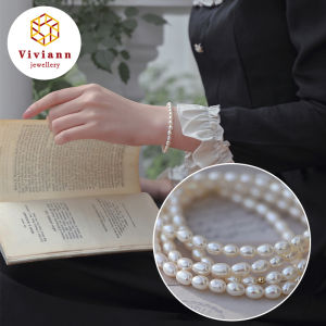 Viviann Original sterling silver High Quality Pearl Bracelet Elastic Simple Bracelet 5.5-6mm Rice Shape Pearl Bracelets For Women Chain Elegant Fashion Jewelry Gift Hot for Women Mother Wedding Accessories