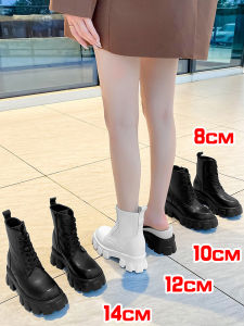 14cm Heel Height Increasing Martin Boots Womens Genuine Leather Thick Bottom British Style Slimming Short Boots round Toe