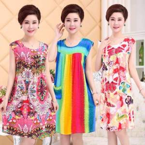 Summer Lightweight Cotton Silk Sleepwear for Middle-Aged And Elderly Women Moms Nightgown plus Size Printed Dress Casual Home Wear