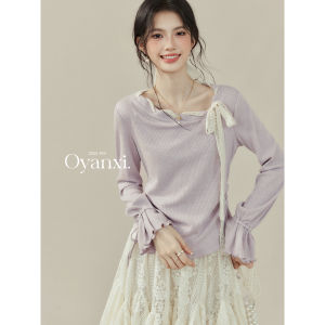 OUYANGXI | Áo Thun Tay Dài Màu Tím Có Nơ Hình Bướm