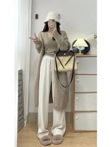 High Waist Knitted Wide Leg Pants Womens Autumn Winter Fleece Lined Drapey Sticky Rice Straight Tube Floor Length Pants