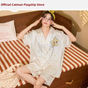 MiiOW | Cool Silk Ladies Summer Short Sleeve Long Pants Sleepwear Sets