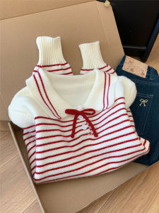 Color Block Red Stripe Sweet Bow Knit Top