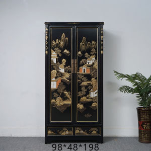 Chinese Style Solid Wood Wardrobe Bedroom Vintage Elm Wood Painted Gold Closet Large Capacity High Cabinet Storage Cabinet