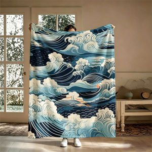 Potdemiel | Beige Japanese Waves Flannel Blanket Soft Warm Christmas Halloween Blanket for Lightweight Cozy Room Home Decor Gifts