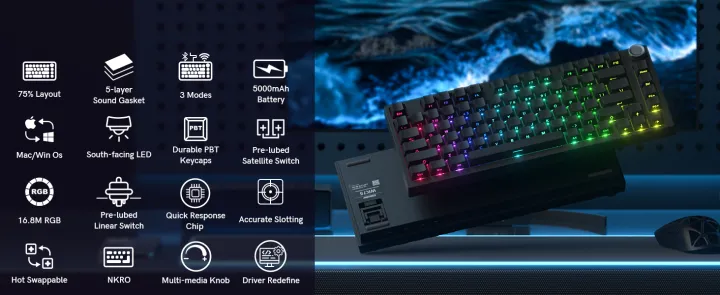 Womier WK75 75% Wireless Gaming Mechanical Keyboard,BT5.0/2.4GHz/USB-C, Hot Swappable Pre-lubed Custom Linear Switches,Gasket Structure,RGB Backlit Keyboard for PC/Laptop/Xbox/PS4/PS5
